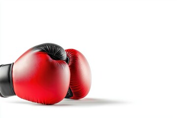 Boxing gloves in a fighting stance, dynamic sports pose, realistic photo rendering, red and black, isolated on white background