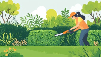 Woman Trimming a Bush with a Hedge Trimmer