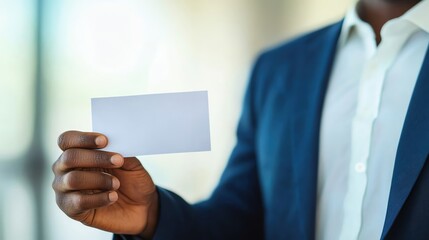 A professional man holds a blank business card in a modern setting, symbolizing networking and brand identity.