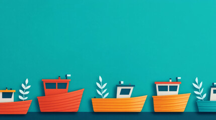 Colorful paper boats floating on a vibrant turquoise background, perfect for marine themes and creative projects.