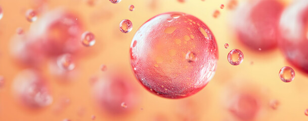 Poster - Close-up of translucent red bubbles floating in a soft, warm background, creating an abstract and dreamy atmosphere.