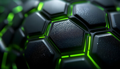 Poster - Close-up of a hexagonal pattern with a glossy surface and vibrant green accents, ideal for technology or futuristic themes.