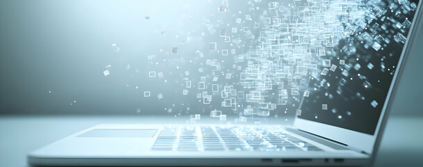 Poster - Close-up of a laptop emitting digital data, symbolizing technology, innovation, and the power of information exchange.