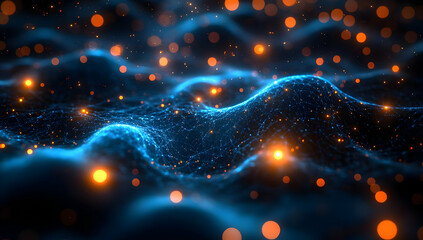 Poster - Abstract digital wave with glowing particles, creating a mesmerizing flow of blue and orange lights, perfect for tech-themed visuals.