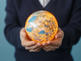 A person holds a glowing globe symbolizing innovation, technology, and global connectivity in a hopeful atmosphere.