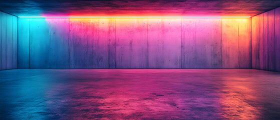 Poster - A modern, colorful room with neon light accents illuminating a polished concrete floor and textured walls, creating a vibrant atmosphere.