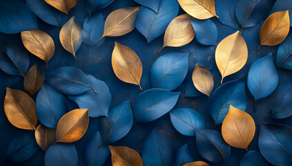 Poster - A stunning arrangement of blue and gold leaves creating a vibrant, artistic background suitable for various design projects.