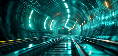 Poster - A mesmerizing view of a futuristic railway tunnel illuminated with vibrant lights, showcasing sleek tracks and a sense of depth.