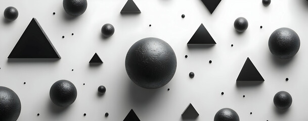 Poster - An artistic arrangement of black geometric shapes, including spheres and triangles, on a clean white background.