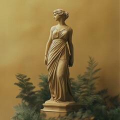 Wall Mural - Elegant statue of a woman in flowing drapery. The sculpture is adorned with intricate details and set against a warm backdrop. A perfect addition for artistic and classical decor. AI