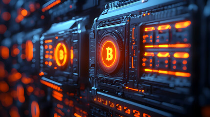 Close-up of glowing Bitcoin mining hardware showcasing advanced technology and digital currency innovation.