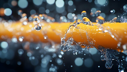 Poster - Close-up of water splashing over a vibrant orange pipe, creating beautiful bokeh effects in a dynamic and refreshing scene.