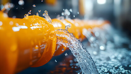 Poster - Close-up of water flowing from an orange pipe, highlighting industrial design and fluid motion in a vibrant setting.