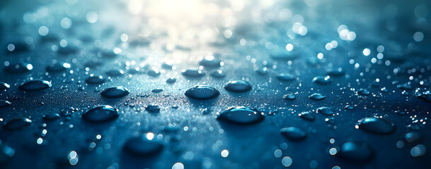 Poster - Close-up of water droplets on a textured surface, creating a serene and refreshing ambiance with a gentle blue hue.