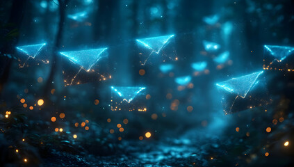 Poster - A mystical forest scene featuring glowing blue triangles and soft lights, creating an enchanting, surreal atmosphere.