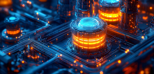 Poster - Futuristic close-up of glowing industrial technology with vibrant orange lights and intricate circuitry design.