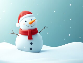 Cheerful snowman wearing a red hat and scarf against a blue snowy background.