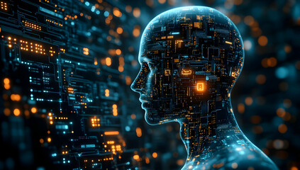Poster - Futuristic digital human silhouette with glowing technology patterns, representing artificial intelligence and digital innovation.