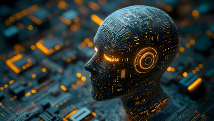 Poster - Futuristic robot head on a circuit board, symbolizing advanced technology and artificial intelligence in a digital era.