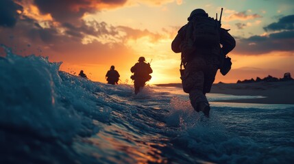 War concept: Military silhouettes in a fighting scene against a foggy, war-torn sky, with World War soldiers below a cloudy nighttime skyline