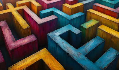 Poster - Vibrant geometric maze structure with colorful blocks creating intriguing pathways and visual depth.