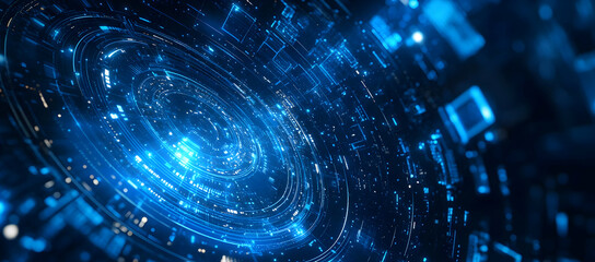 Poster - Abstract digital vortex filled with luminous blue particles, representing technology, motion, and innovation in a futuristic design.