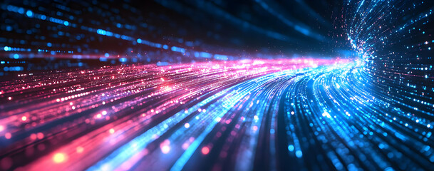 Poster - Dynamic light trails of blue and pink particles create a mesmerizing scene, perfect for technology and abstract backgrounds.