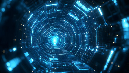 Poster - Futuristic tunnel with glowing blue lights, showcasing advanced technology and digital depth, perfect for sci-fi themes.