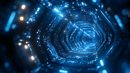 Poster - Futuristic tunnel with glowing blue lights, offering a portal to an advanced digital world full of technology and innovation.