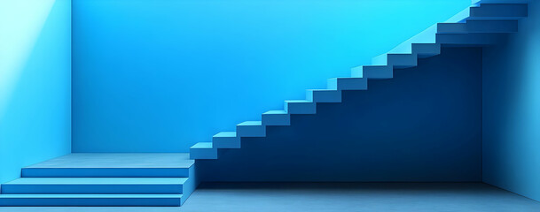 Poster - A modern blue staircase against a vibrant blue wall, creating a serene and stylish interior space for contemporary design.