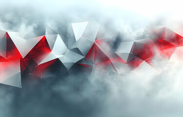 Poster - Abstract geometric shapes in red and white create a striking visual effect against a soft cloud backdrop.