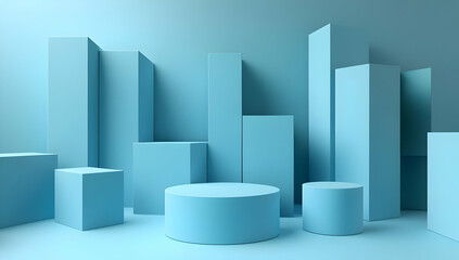 Poster - Abstract 3D geometric shapes in various heights and colors, creating a modern, minimalistic background with soft blue tones.