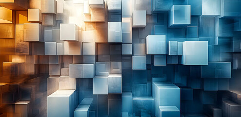 Poster - Abstract design featuring a dynamic arrangement of 3D cubes in vibrant blue and orange tones, perfect for modern backgrounds.