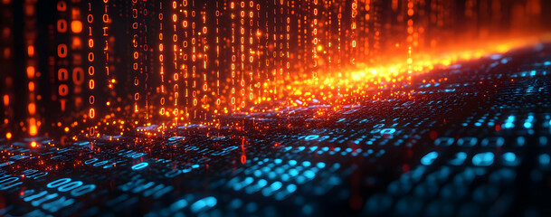 Poster - Dynamic digital background featuring vibrant binary data cascading in orange and blue hues, symbolizing technology and innovation.