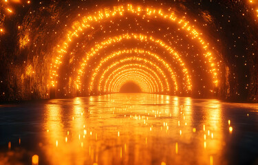 Poster - A captivating tunnel illuminated with warm orange lights, creating a mesmerizing path leading to a glowing horizon.