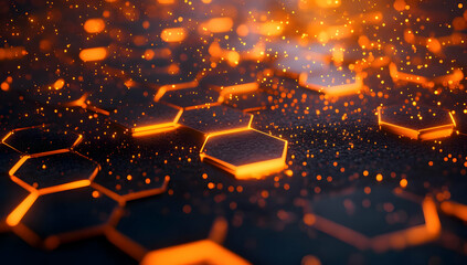 Poster - Abstract close-up of glowing hexagonal patterns with orange sparks on a dark background, creating a futuristic technology feel.