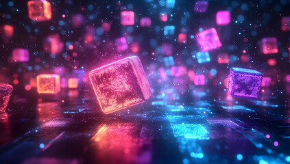 Poster - Colorful glowing cubes float in a vibrant digital space, creating a mesmerizing and futuristic ambiance.