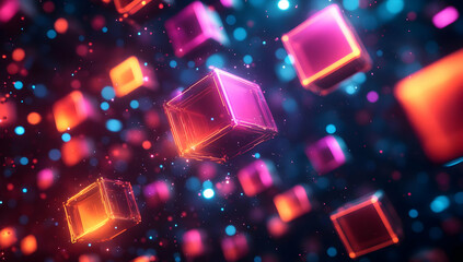 Poster - Vibrant digital cubes floating in a colorful abstract space, showcasing a blend of light and depth for a captivating visual experience.