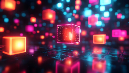 Poster - Vibrant digital cubes glowing in a colorful abstract background, creating a futuristic and energetic visual experience.