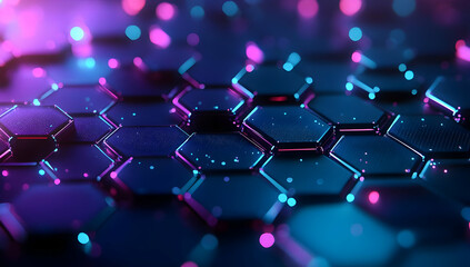 Poster - Abstract hexagonal pattern with glowing neon lights in blue and pink, creating a vibrant technological atmosphere.