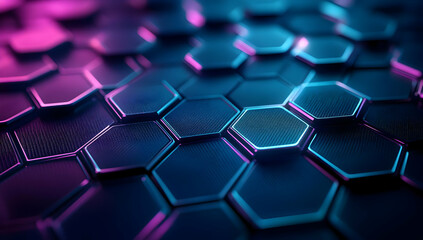 Poster - A close-up view of a futuristic hexagonal pattern, illuminated with vibrant pink and blue lights, creating a modern, sleek design.