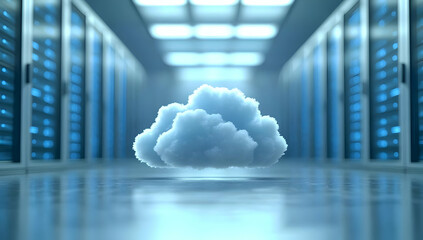 Poster - A modern data center featuring a cloud icon, symbolizing cloud computing and data management in a high-tech environment.
