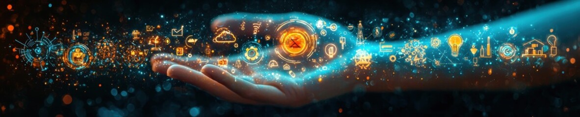 Wall Mural - an open palm with augmented reality visuals of industrial safety icons, animated with dynamic light 