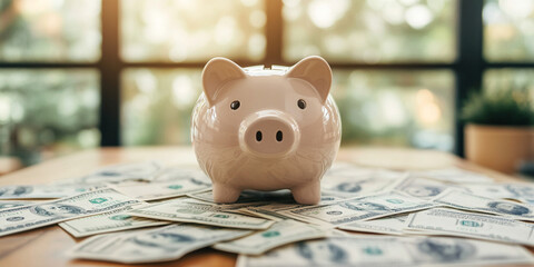 A pink piggy bank surrounded by dollar bills on wooden table with window in background, symbolizing savings and financial growth