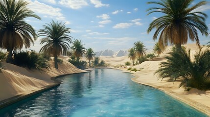 Wall Mural - desert oasis with date palms and a shimmering pool surrounded by towering sand dunes and clear blue 