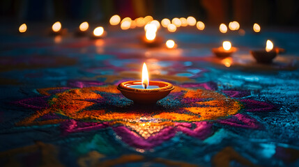 Oil lamps lit on colorful rangoli during diwali celebration