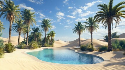Wall Mural - desert oasis with date palms and a shimmering pool surrounded by towering sand dunes and clear blue 