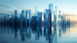 © Nikalaus - Sleek and modern abstract background with a minimalist cityscape made of glass, featuring vertical bar charts rising against a gradient blue sky