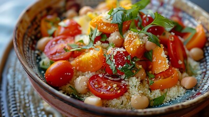 Wall Mural - A bowl of food on a table with tomatoes, orange vegetables, herbs, and a few beans