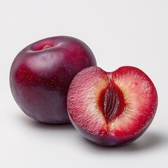 A whole and sliced red plum against a white background, natural light, isolated on the edges.